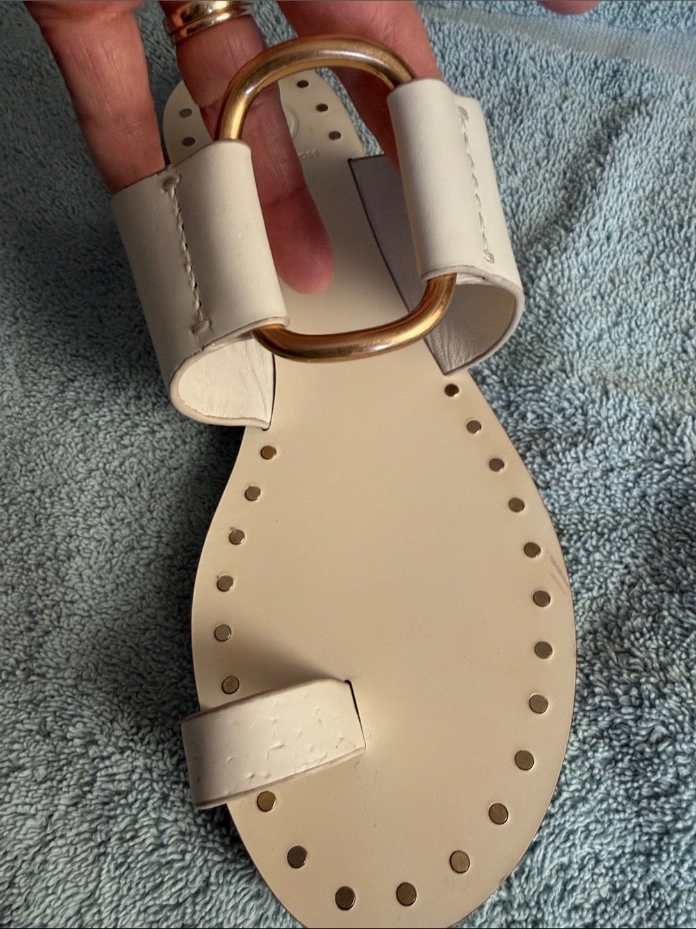 Tory Burch Cream Leather Slide Sandals with Gold Ring Accent - Picture 7 of 13